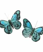 2x mintgroene blauwe vlinders versierings 9 x 12 cm op clip