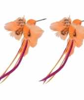 2x oranje kolibrie vogels versiering 15 cm op clip