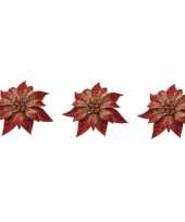 3x kerstboomversiering bloem op clip rood goud kerstster 18 cm