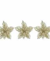 3x kerstboomversiering op clip gouden glitter bloem 23 cm
