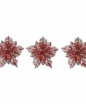 3x kerstboomversiering op clip rode glitter bloem 23 cm