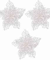 3x kerstboomversiering op clip witte glitter bloem 23 cm