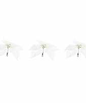 3x kerstboomversiering op clip witte glitter bloem 24 cm