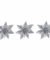 3x kerstboomversiering op clip zilveren glitter bloem 15 cm