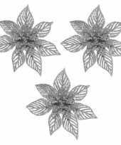 3x kerstboomversiering op clip zilveren glitter bloem 23 cm 10169711