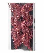 3x kerstboomversiering vlinders op clip glitter rood 11 cm