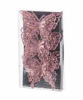 3x kerstboomversiering vlinders op clip glitter roze 11 cm