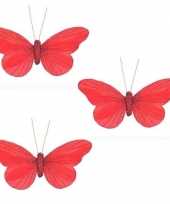 3x kerstboomversiering vlinders op clip rood 11 cm