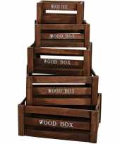 5x bruine houten opberg fruitkistjes kratten wood box 37 x 28 x 15 cm versierings