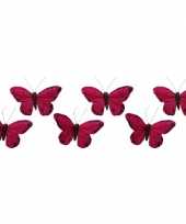 6x kerstboomversiering magenta roze vlinders op clip 9 x 11 cm