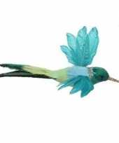 Blauwe kolibrie vogel op clip 15 cm versiering