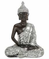 Boeddha beeldje zilver zwart 15 cm woonversiering