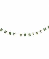 Kerstversiering 1x houten slinger merry christmas groen 182 cm