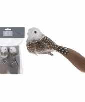 Kerstversiering vogeltjes bruin wit op clip 2 stuks