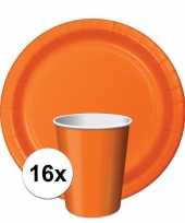 Oranje tafelversiering set 16 bekertjes en 16 bordjes
