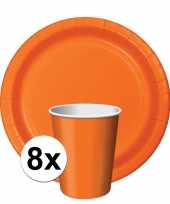 Oranje tafelversiering set 8 bekertjes en 8 bordjes