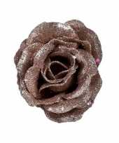 Oud roze roos met glitters op clip 7 cm kerstversiering