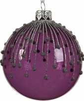 Paarse kerstversiering kerstballen met glitterlijnen 8cm glas