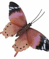 Tuin schutting versiering roestbruin roze vlinder 44 cm