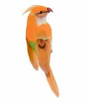 Versiering kunststof vogel beeldje papegaai op clip oranje 13 cm