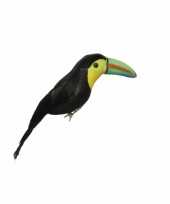 Versiering kunststof vogel beeldje toekan op clip zwart geel 18 cm