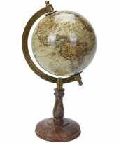 Versiering wereldbol globe beige op mangohouten voet 13 x 28 cm