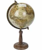 Versiering wereldbol globe beige op mangohouten voet 16 x 32 cm