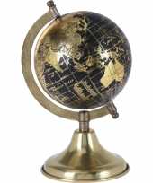 Versiering wereldbol globe goud zwart op metalen voet 13 x 24 cm