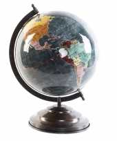 Versiering wereldbol globe grijs op ijzeren voet 25 x 35 cm