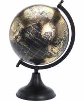 Versiering wereldbol globe zwart goud op metalen voet 20 x 33 cm