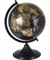 Versiering wereldbol globe zwart goud op metalen voet 25 x 38 cm