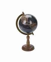 Versiering wereldbol globe zwart op mangohouten voet 13 x 28 cm