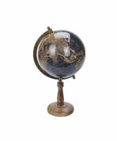 Versiering wereldbol globe zwart op mangohouten voet 16 x 32 cm