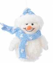 Wit blauwe sneeuwpop type 2 kerstversiering hangversiering 14 cm