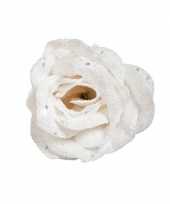 Witte roos met glitters op clip 7 cm kerstversiering