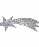 Zilveren versiering vallende ster met glitters 31 x 11 cm